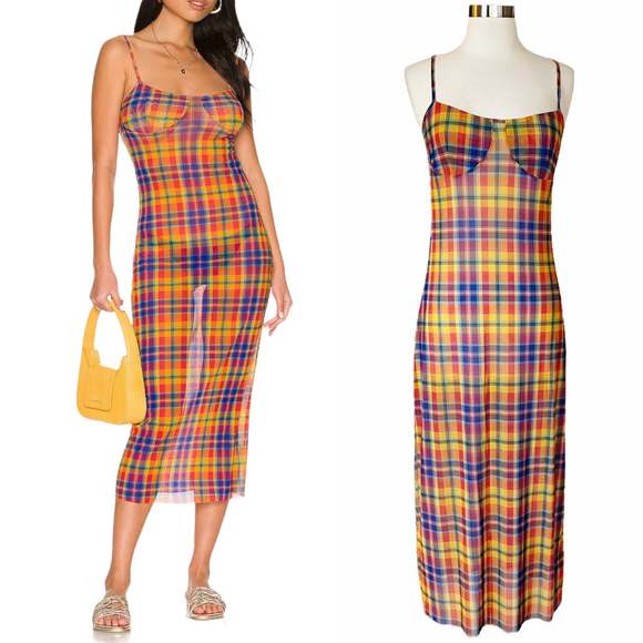 weworewhat Dresses & Skirts - WEWOREWHAT Scoop Back Maxi Dress Mesh Multicolor Plaid Cover Up Slip Large NWT